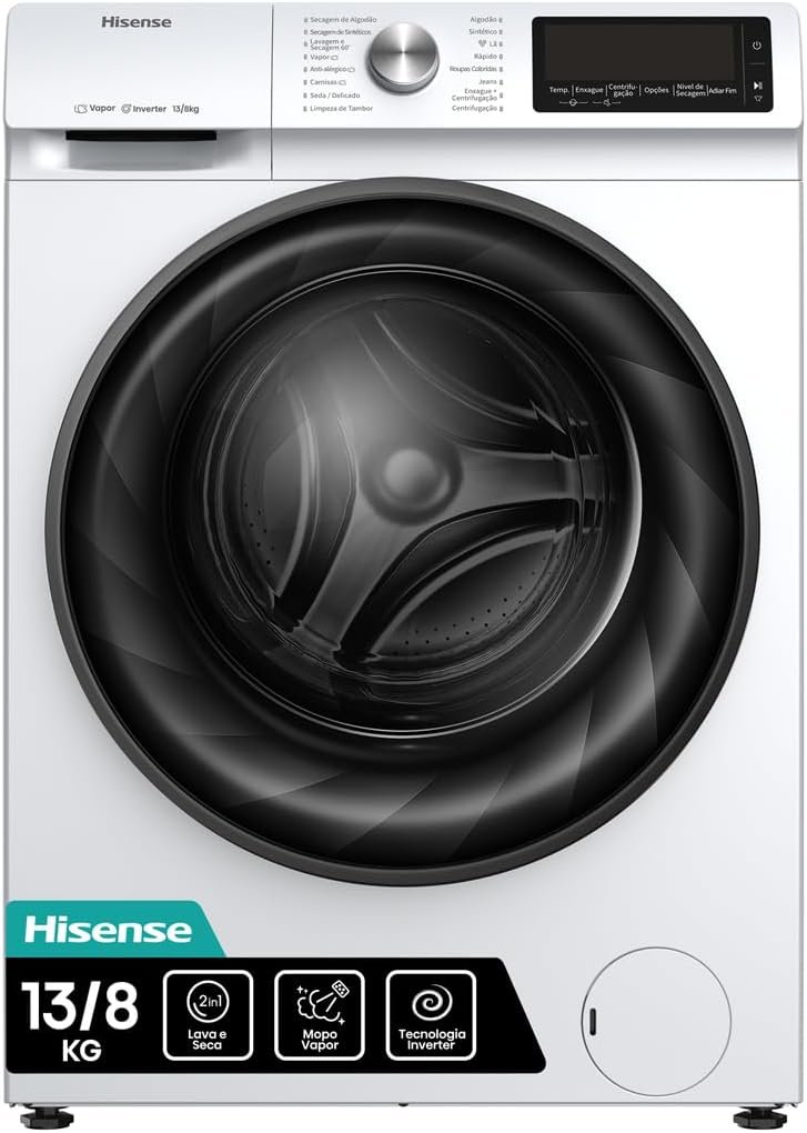 Hisense Lava e Seca, 13kg Lavagem/8kg Secagem, Steam, 13 Programas, Motor Inverter, Painel Touch, Branco WD13X - 127V