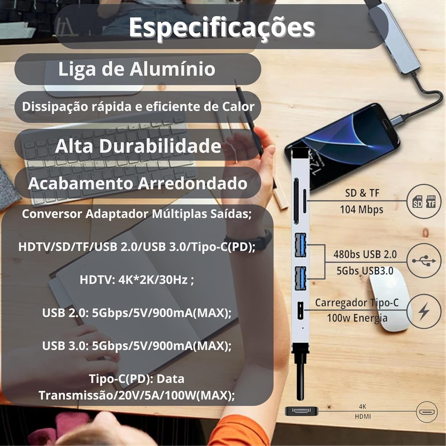 Adaptador Hub USB-C Multiportas 6 em 1, MTS, HDMI 4K, USB 3.0, USB 2.0, Leitor SD/TF, USB-C PD 100W – Tipo C para Notebook, MacBook, Alumínio Compacto, Alta Velocidade, Plug & Play, Multiportas - Imagem 5