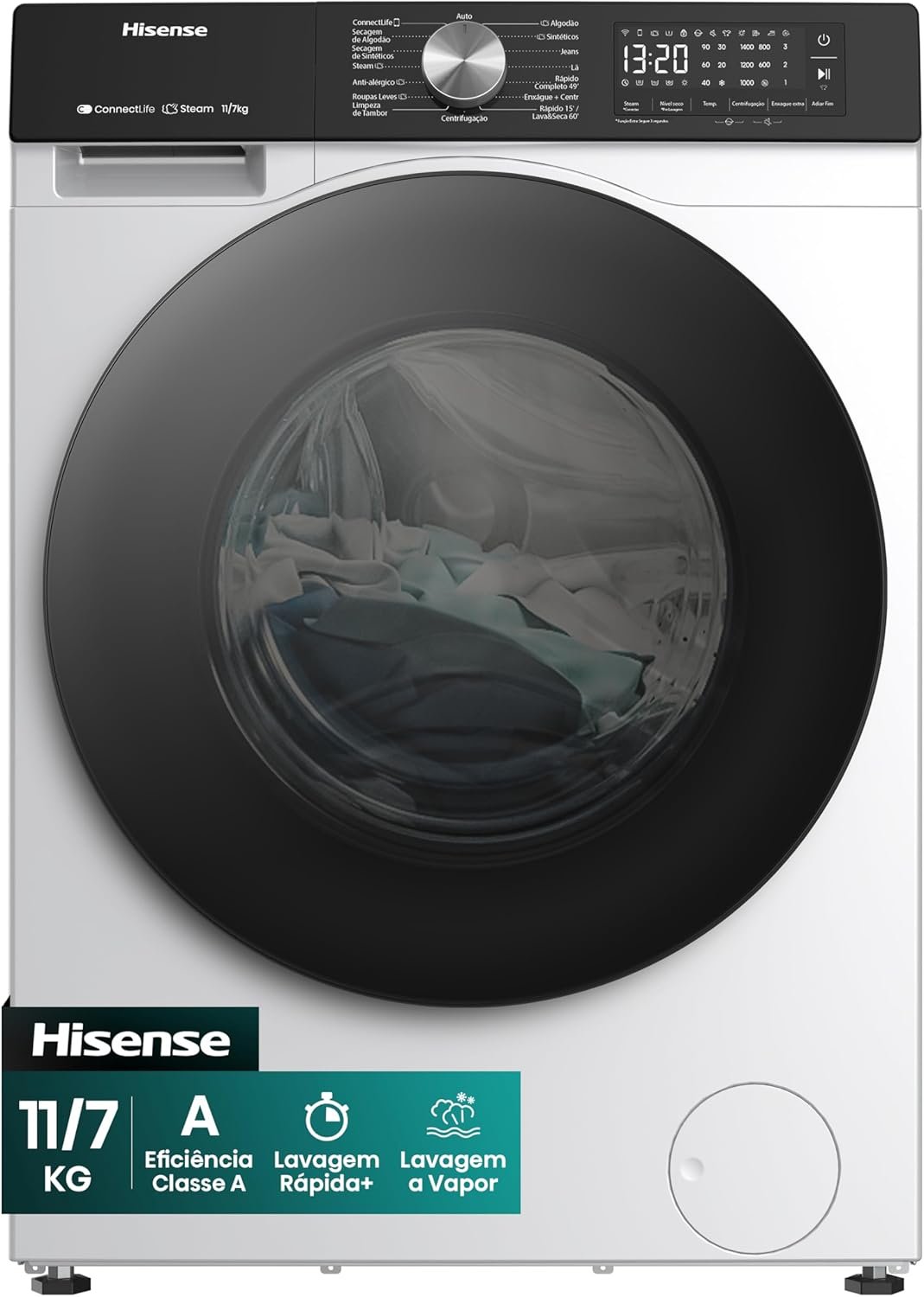 Hisense Lava e Seca, 11kg Lavagem/7kg Secagem, Wi-Fi, Steam, 13 Programas, Motor Inverter, Painel Touch, Branca WD3S11-220V