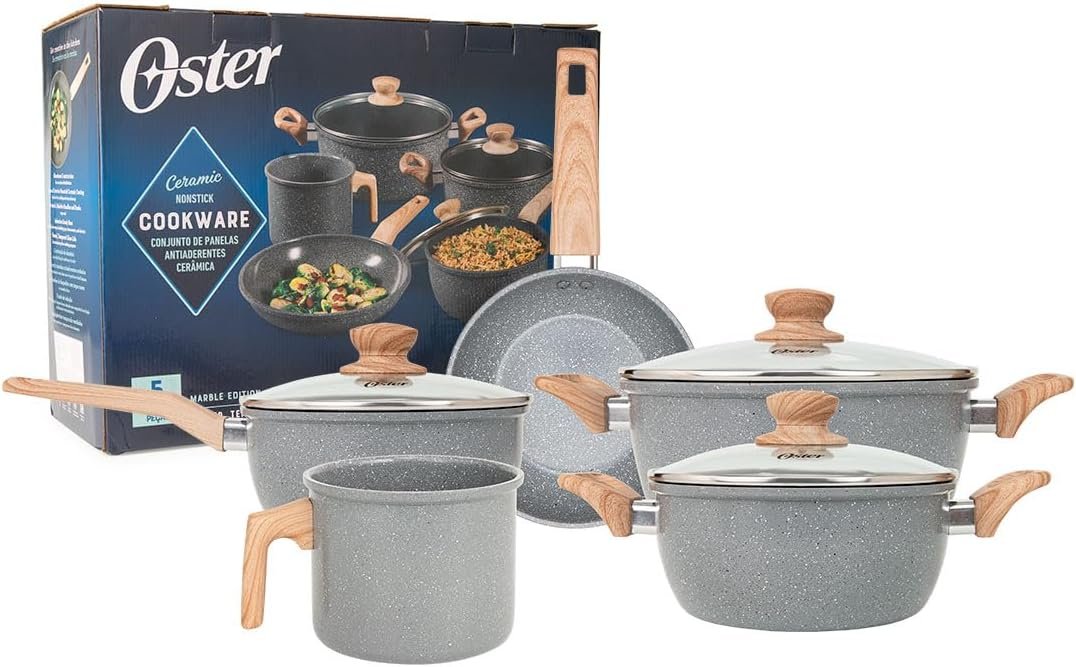 OSTER JOGO DE PANELAS E LEITEIRA MARBLE EDITION DARK GREY – 5 PEÇAS COM REVESTIMENTO CERÂMICO ANTIADERENTE, ALÇAS EM SILICONE ANTITÉRMICO E BASE COMPATÍVEL COM INDUÇÃO
