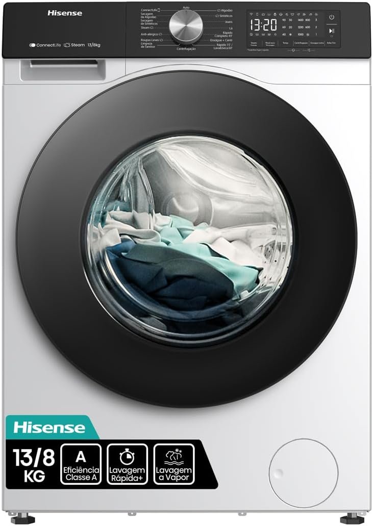 Hisense Lava e Seca, 13kg Lavagem/8kg Secagem, Wi-Fi, Steam, 13 Programas, Motor Inverter, Painel Touch, Branca WD3S13-220V