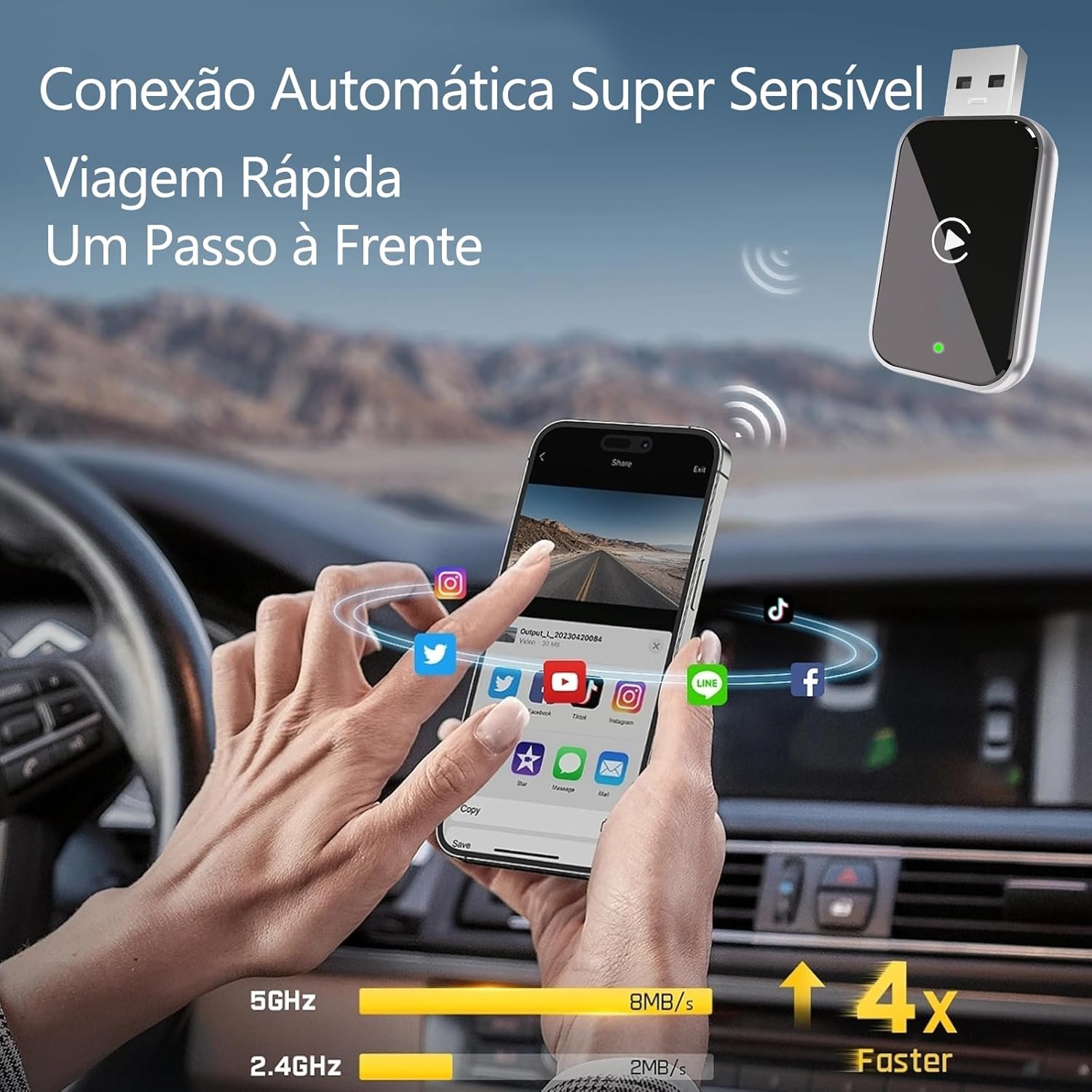 Adaptador CarPlay 2 em 1 e automotivo para Android/iPhone, adaptador Apple CarPlay com fio para sem fio, tamanho com USB/Tipo-C, controle estável e sem atraso. - Imagem 4