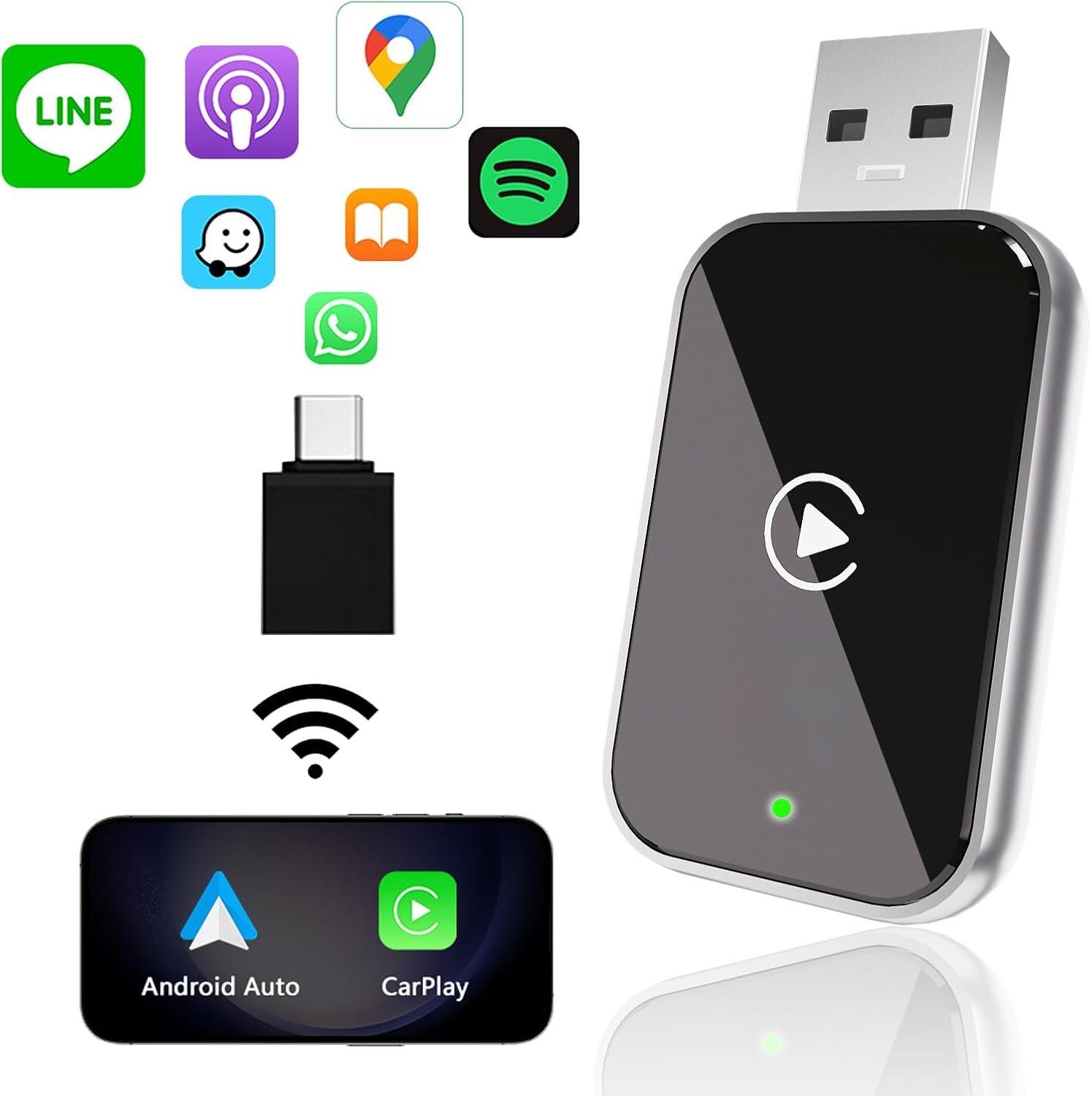 Adaptador CarPlay 2 em 1 e automotivo para Android/iPhone, adaptador Apple CarPlay com fio para sem fio, tamanho com USB/Tipo-C, controle estável e sem atraso. - Imagem 6