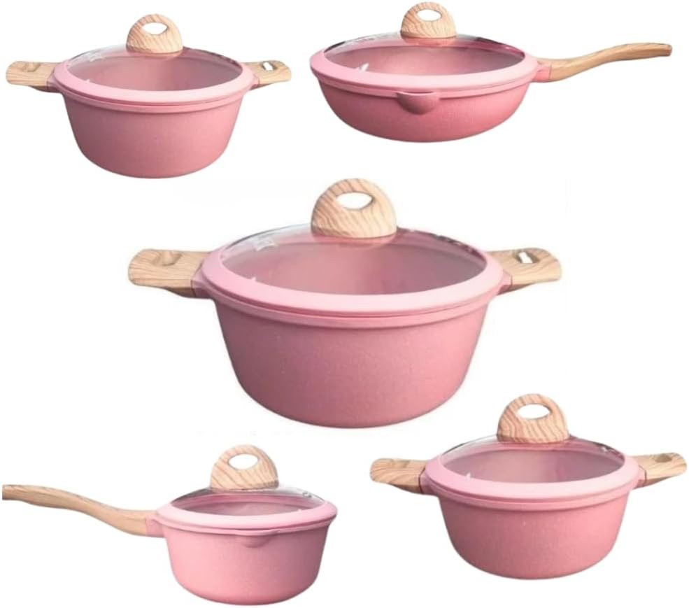 Jogo de 5 Panelas em Ceramica Acabamento Madeira, 5 Peças, Indução, Fogo, Eletrico com Tampa de Vidro. (Rosa)
