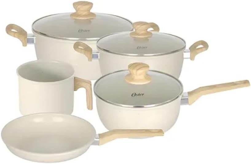 OSTER JOGO DE PANELAS E LEITEIRA MARBLE EDITION CREAM – 5 PEÇAS COM REVESTIMENTO CERÂMICO ANTIADERENTE, ALÇAS EM SILICONE ANTITÉRMICO E BASE COMPATÍVEL COM INDUÇÃO