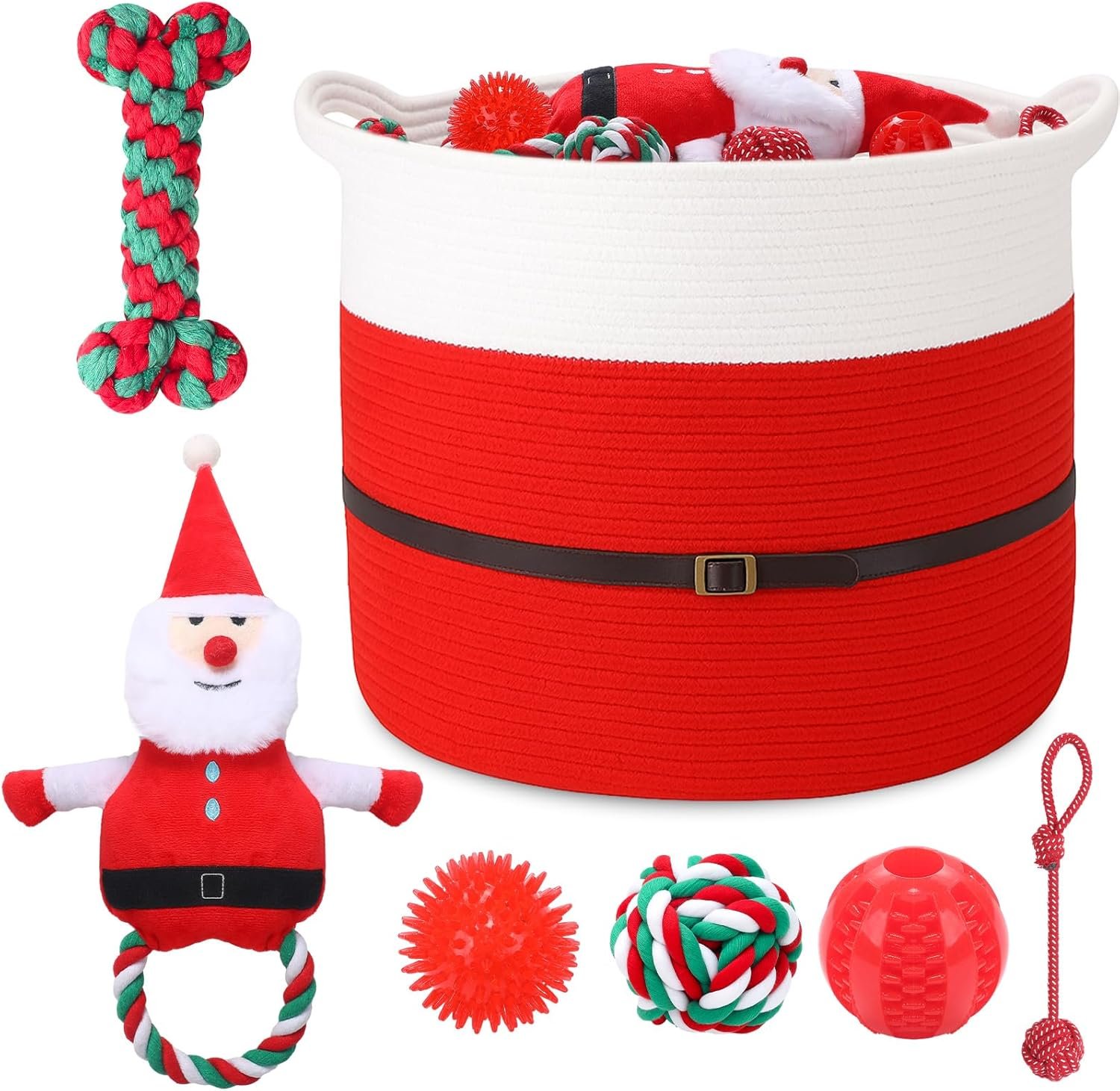 Abbylike 7 peças de cesta de presente de Natal para cachorros, caixa de brinquedos de Papai Noel, cordas para mastigar, bola de borracha, cesta de armazenamento, limpeza de dentes divertida e Abbylike 7 peças de cesta de presente de Natal para cachorros, caixa de brinquedos de Papai Noel, cordas para mastigar, bola de borracha, cesta de armazenamento, limpeza de dentes divertida e