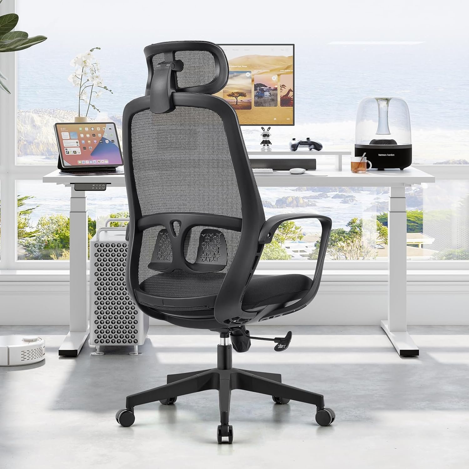 Cadeira de escritório ergonômica de malha alta, assento acolchoado, encosto ajustável, suporte lombar, base giratória de 360° cadeira executiva de mesa executiva (preta) Cadeira de escritório ergonômica de malha alta, assento acolchoado, encosto ajustável, suporte lombar, base giratória de 360° cadeira executiva de mesa executiva (preta)