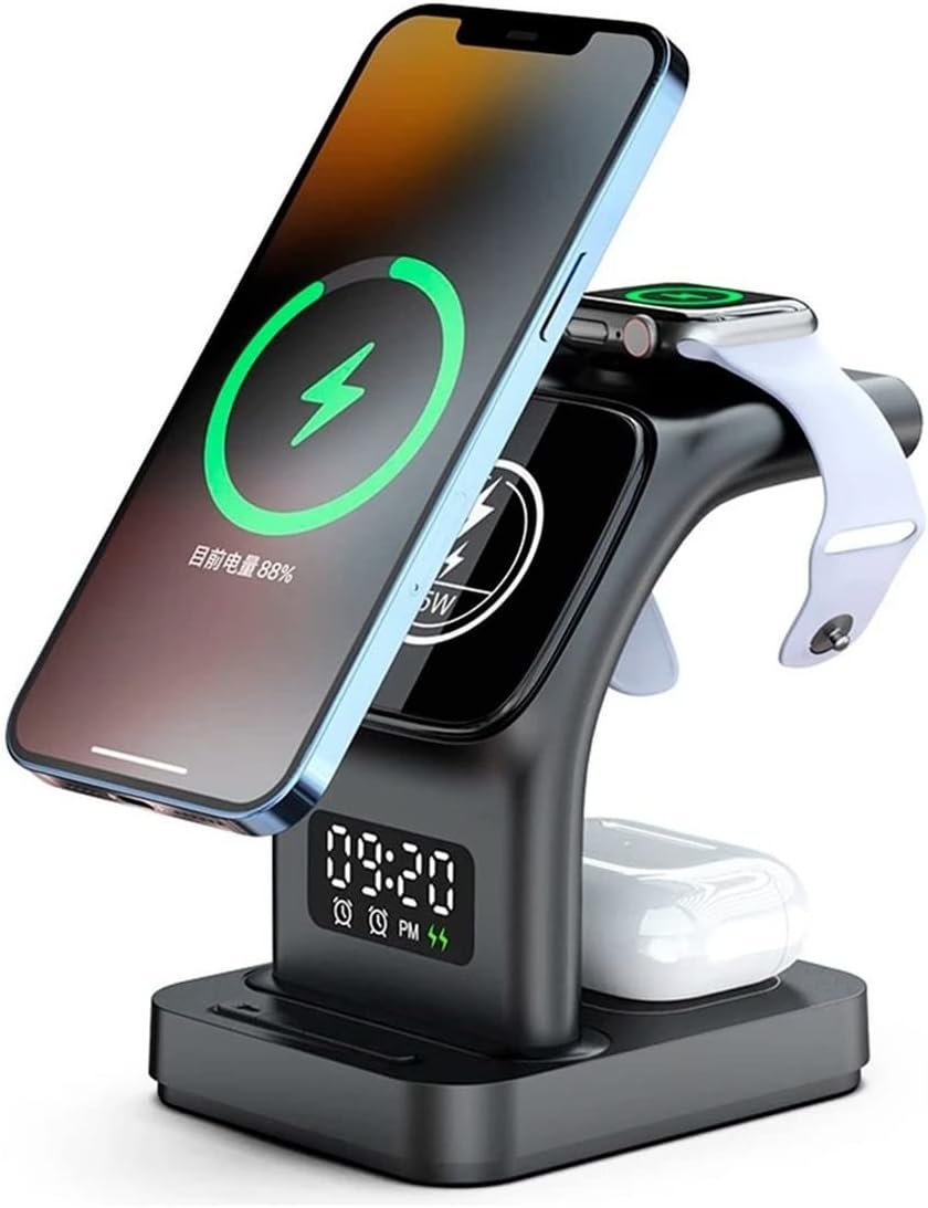 Carregador Sem Fio 5 Em 1 Para iPhone, Para Apple Watch e Para AirPods Estação de Carregamento Rápido Com Relôgio, Despertador e Luz Noturna (Preto) Carregador Sem Fio 5 Em 1 Para iPhone, Para Apple Watch e Para AirPods Estação de Carregamento Rápido Com Relôgio, Despertador e Luz Noturna (Preto)