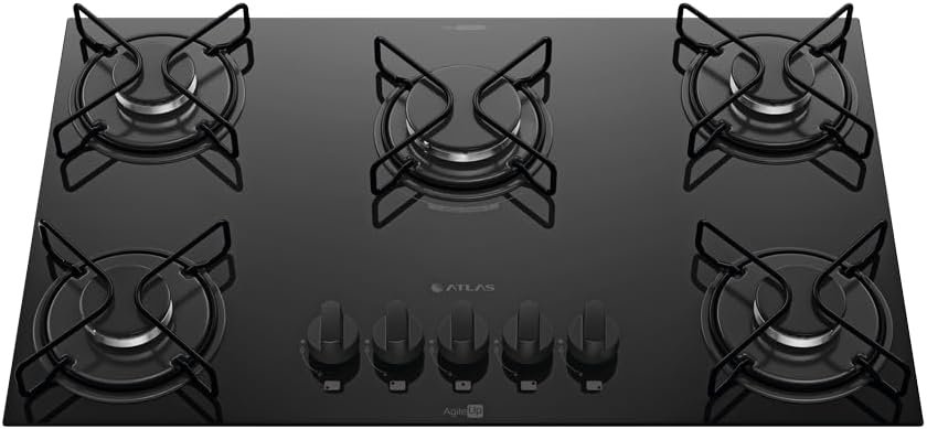 Cooktop 5 Bocas Atlas Agile Up Preto com Mesa de Vidro e Mega Chama Bivolt