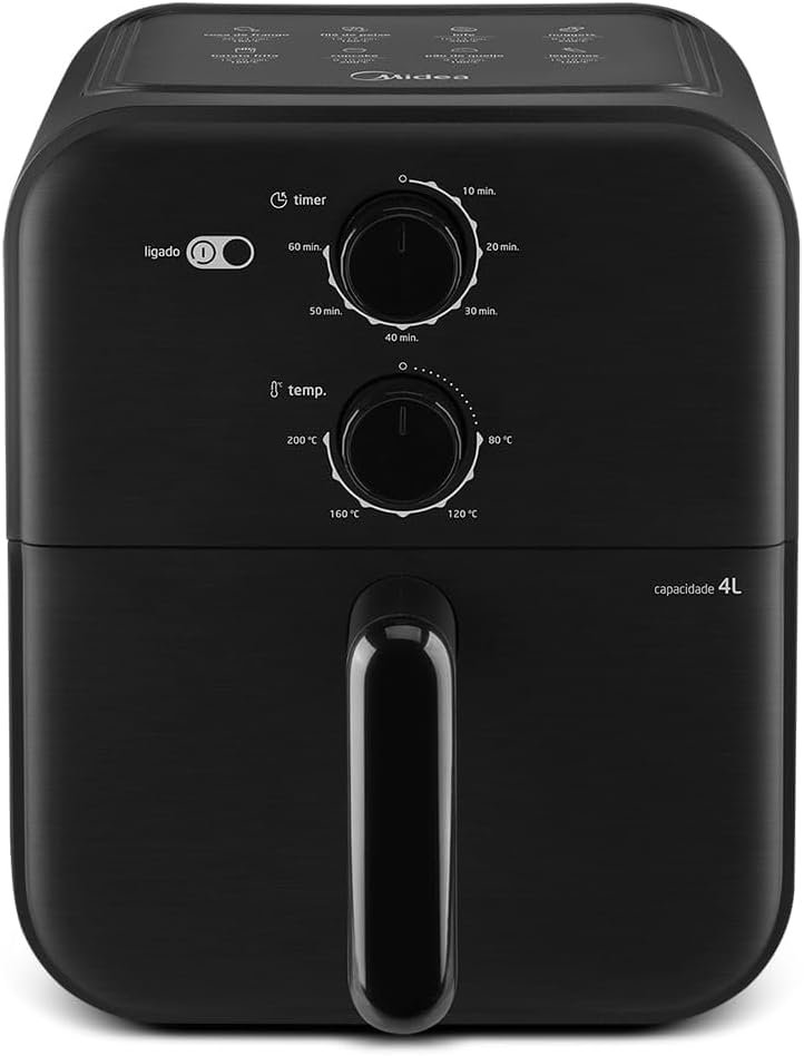 Fritadeira Sem Óleo Capacidade de 4L, Midea, 1400 W, Aquece Em 10-60 min 80℃ a 200 ℃, Air Fryer Com Fluxo de Ar de 360°, Fritadeira Eletrica, Design Compacto, Preto, 220V, MAF400P0APK Fritadeira Sem Óleo Capacidade de 4L, Midea, 1400 W, Aquece Em 10-60 min 80℃ a 200 ℃, Air Fryer Com Fluxo de Ar de 360°, Fritadeira Eletrica, Design Compacto, Preto, 220V, MAF400P0APK