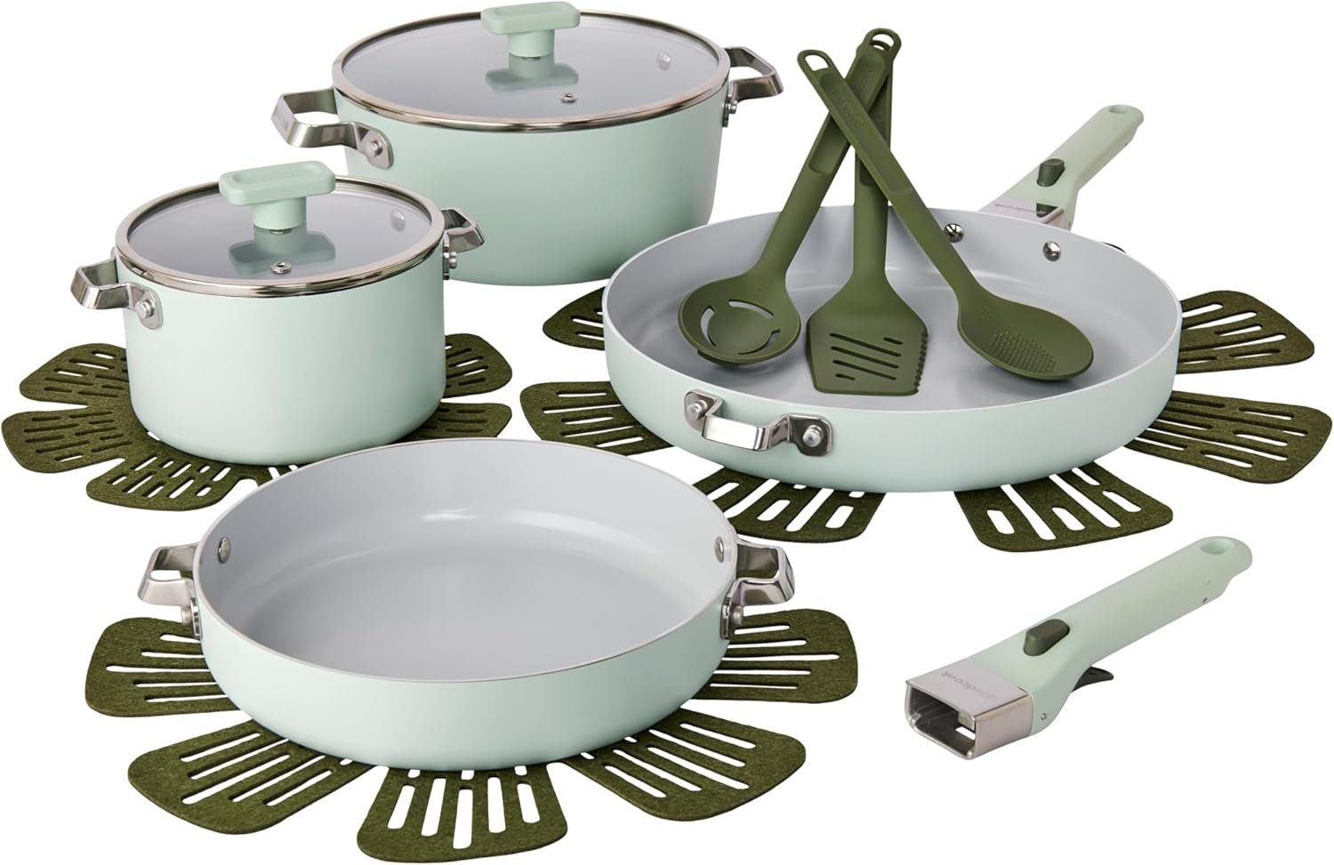 GoodCook Conjunto de panelas de cerâmica, livre de PFAS/PTFE/PFOA, compatível com indução saudável não tóxica, antiaderente e seguro para forno com alça removível, 14 peças, verde menta