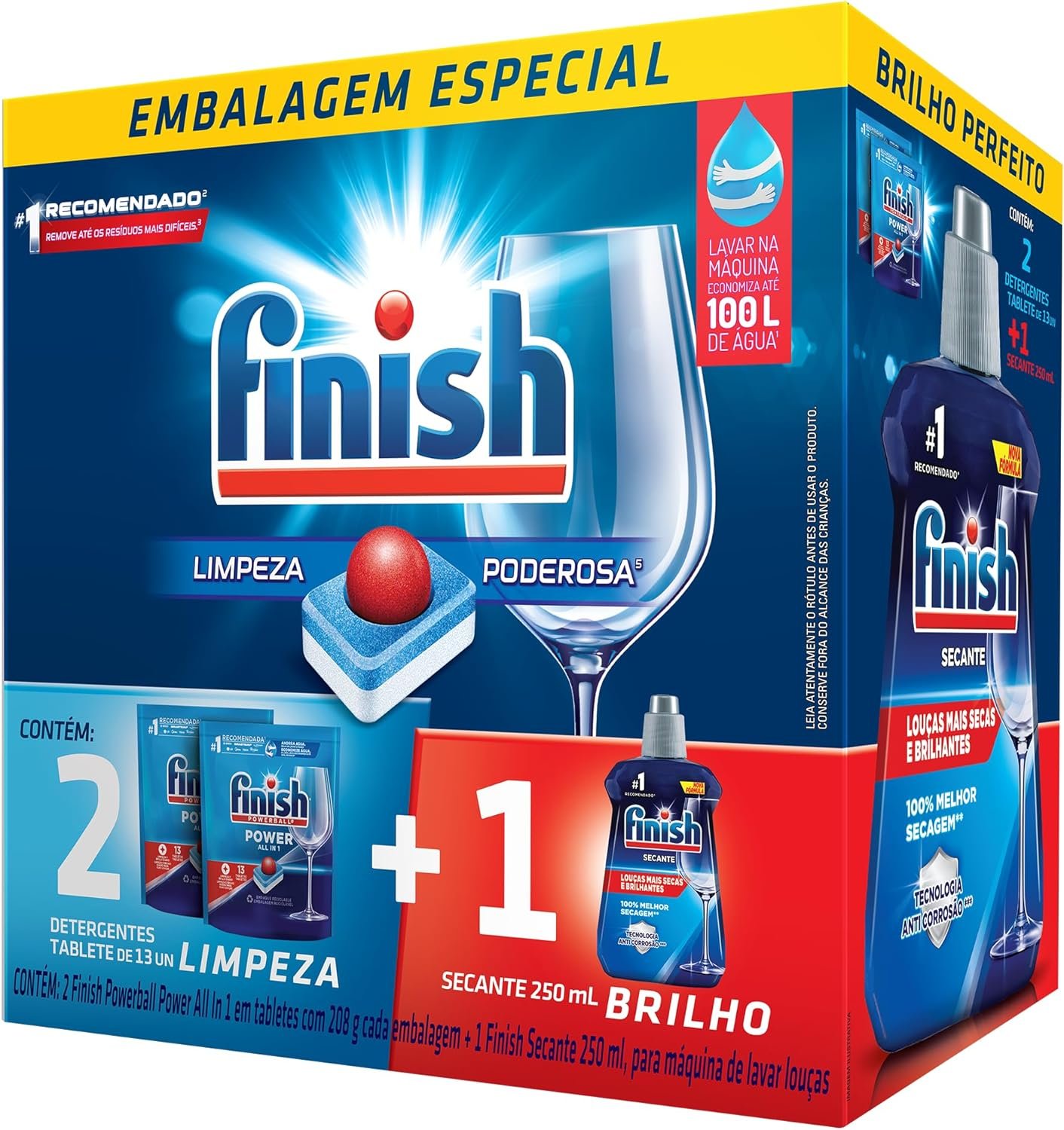 Kit 2 Detergentes Lava Louças Finish Powerball 13 tabs + 1 Finish Secante 250ml