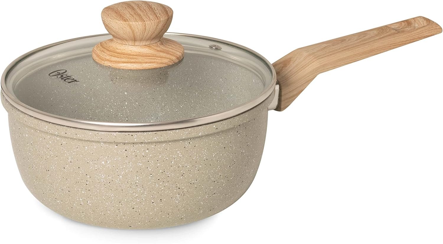 OSTER Panela Antiaderente 3L com Tampa Marble Edition – Construção em Alumínio e Revestimento Duplo de Cerâmica, Alças Revestidas em Silicone com Design de Madeira – Cinza Dust