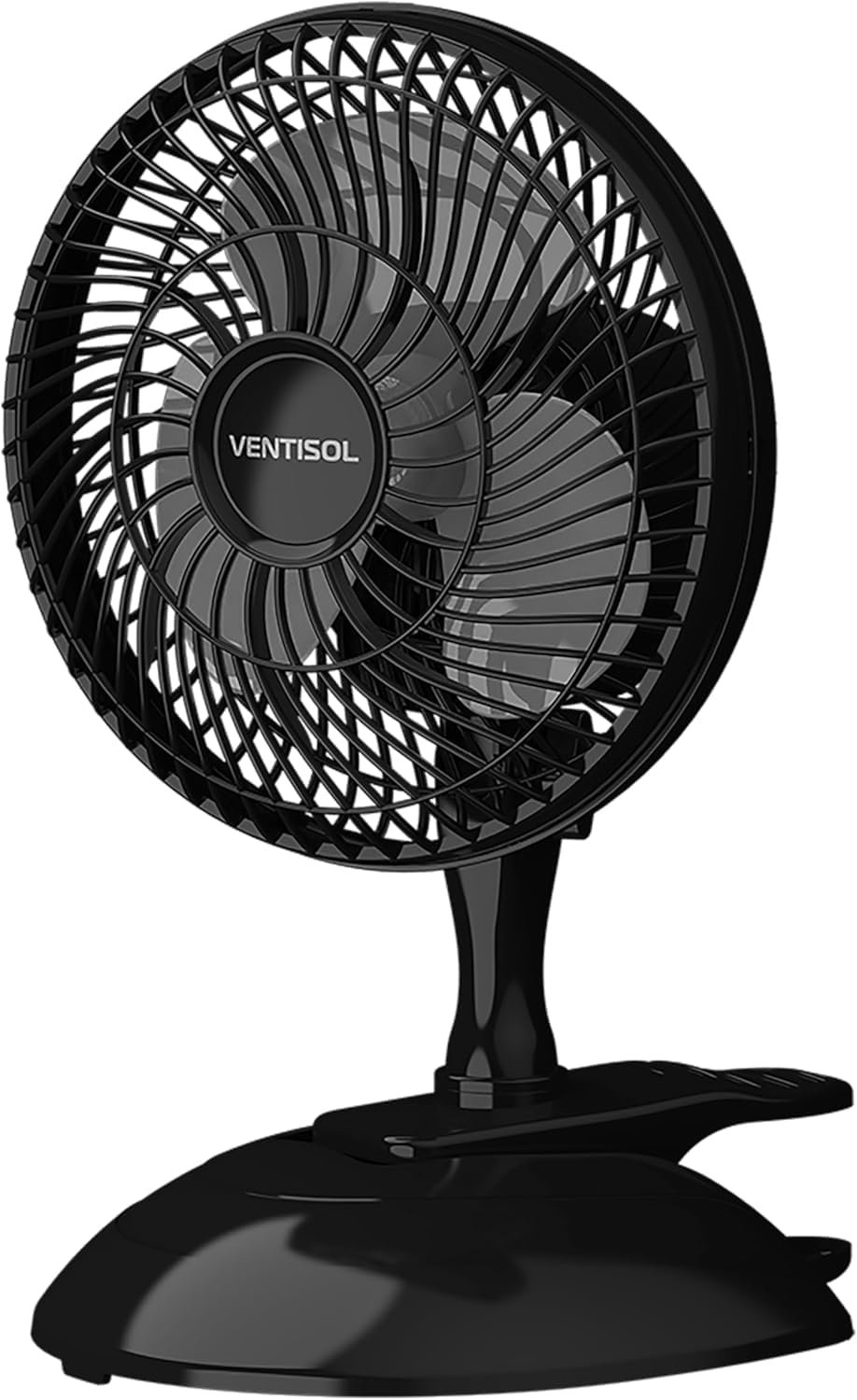 Ventilador de Mesa VENTI SOL. Mini Portátil Potente. Com grampo de fixação e Base. 2 Velocidades. Inclinação e Ajuste Regulável. Diâmetro 20CM. Cor Preta. Garantia 12 meses. Alimentação 220V.