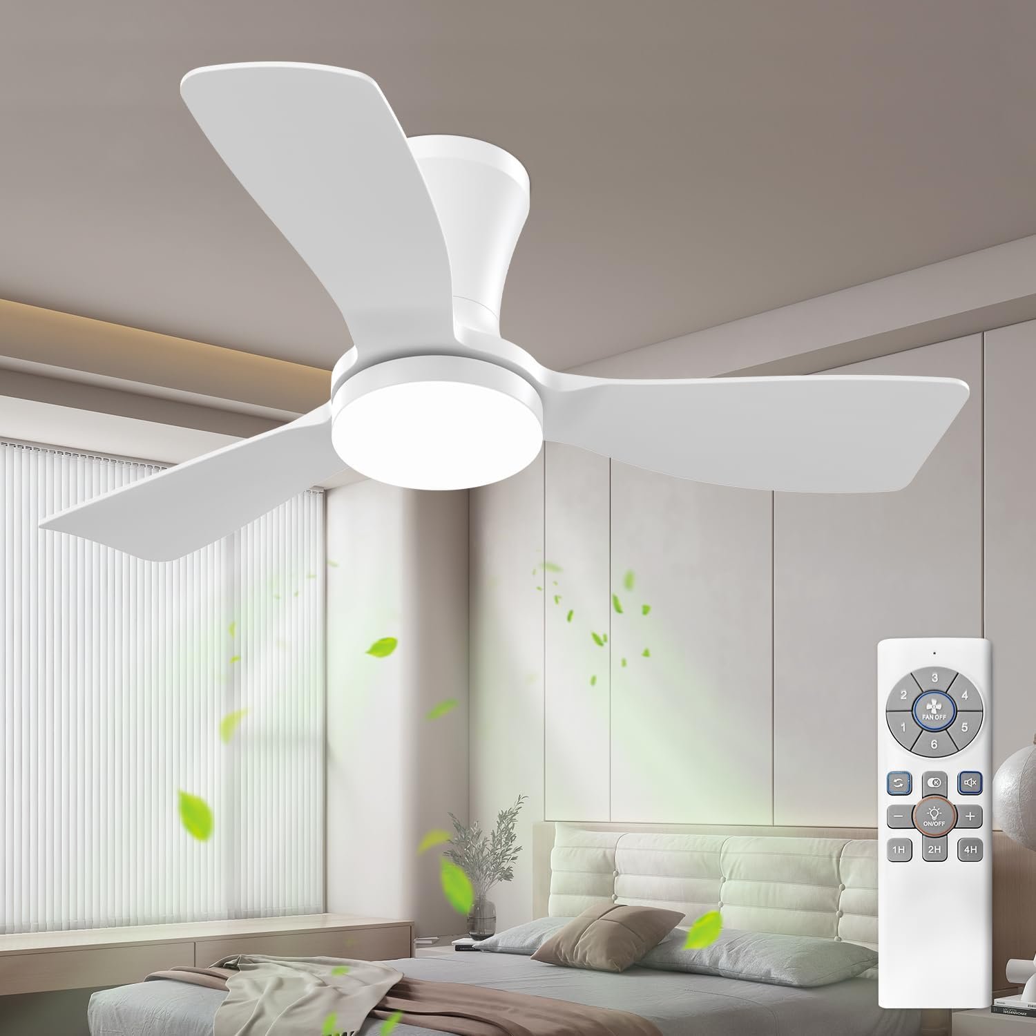 Ventilador de Teto Branco de Três Pás de 91 cm com Luz LED, Motor DC Silencioso, Controle Remoto, 6 Velocidades, 100V-240V, Função Reversível e Instalação Flush Mount