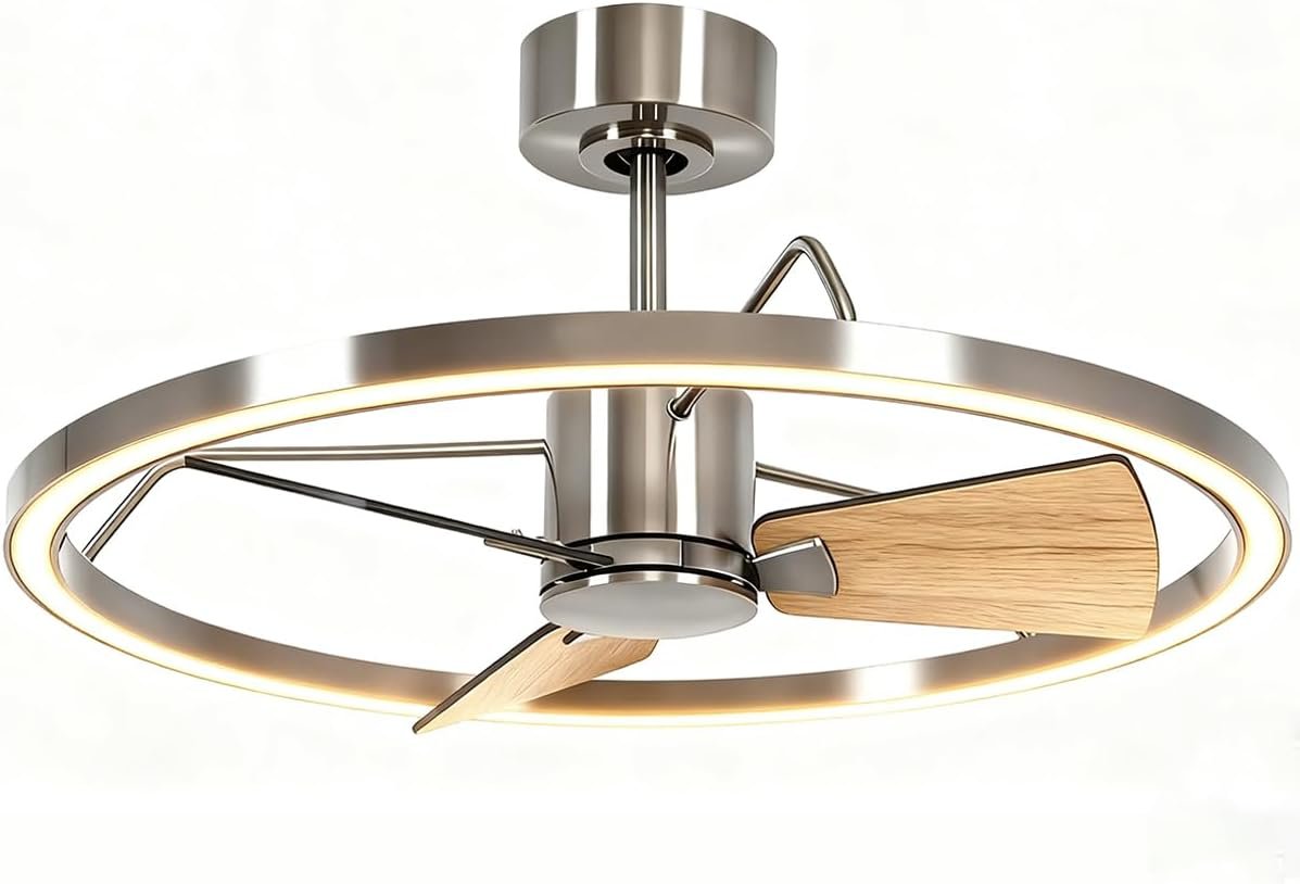 Ventilador de Teto com Luz LED Circular 70cm – Controle Remoto, 6 Velocidades, Reversível, 3 Pás Madeira – 3 Cores Ajustáveis, Motor DC Silencioso – Gaiola Metálica Dourada (36W, Sala/Quarto)