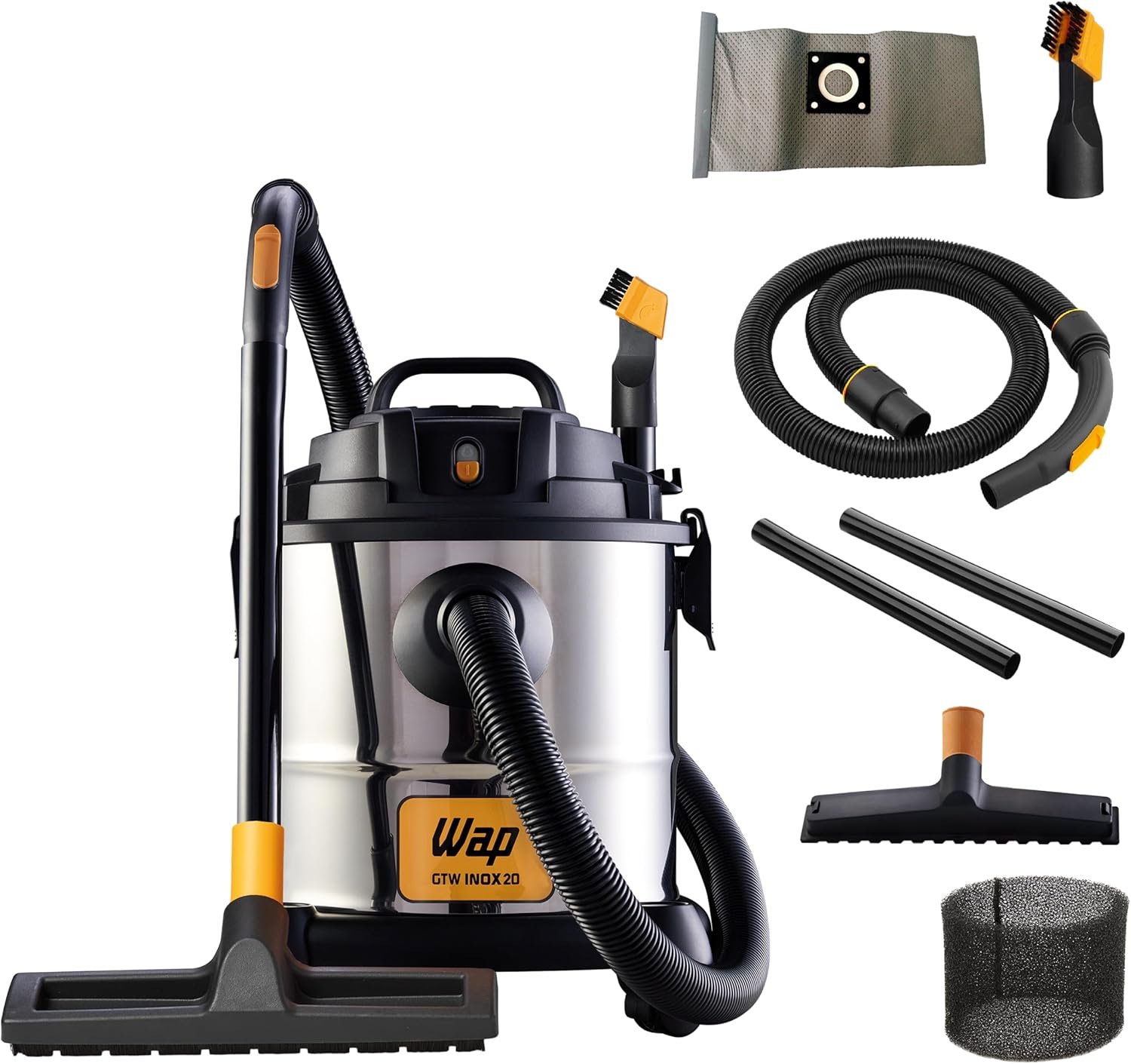 WAP Aspirador de Pó e Água Barril GTW INOX 20, Compacto, 20 Litros, com Filtro Lavável, 160mbar 1600W 127V