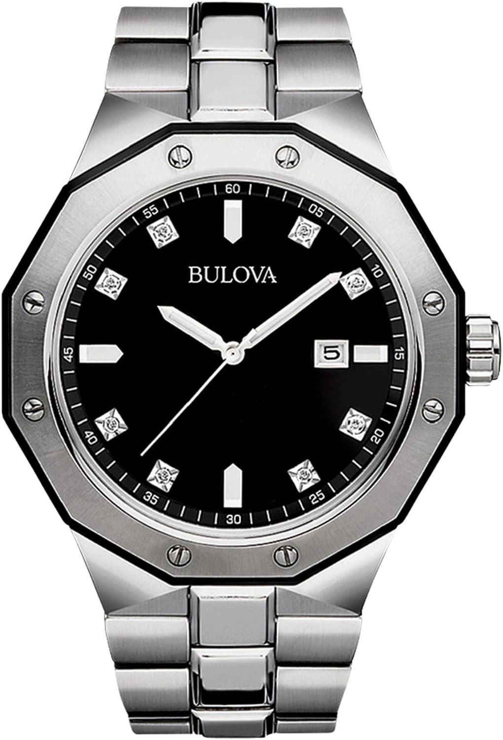 Bulova Relógio masculino clássico de quartzo com 3 ponteiros de aço inoxidável com diamantes e data do dia, 44 mm Bulova Relógio masculino clássico de quartzo com 3 ponteiros de aço inoxidável com diamantes e data do dia, 44 mm