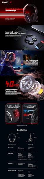 Havit Headset Gamer Fuxi H7SE, Sem Fio 2.4GHz e Bluetooth, Drivers 40mm, Microfone Destacável, 43h de Bateria, Preto, Compatível com PC, PS4, PS5, Switch - Imagem 7