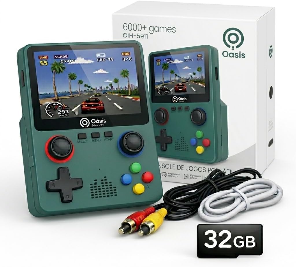 Console Portátil Retrô 6000 Jogos OIH-5911 Oásis Tela 3.5 HD Console Portátil Retrô 6000 Jogos OIH-5911 Oásis Tela 3.5 HD 32GB Bateria Recarregável Saída TV AV Emuladores Clássicos Video Game Retro Portátil (Verde)