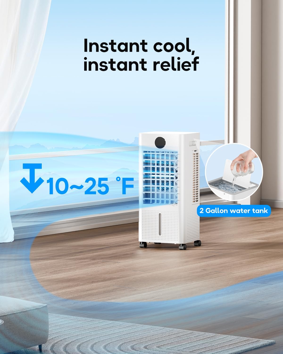 Ar condicionado portátil, refrigerador de ar evaporativo sem janelas com controlo remoto, 3 velocidades, temporizador de 12 horas, refrigerador oscilante para câmara, sala de estar, cor - Imagem 3