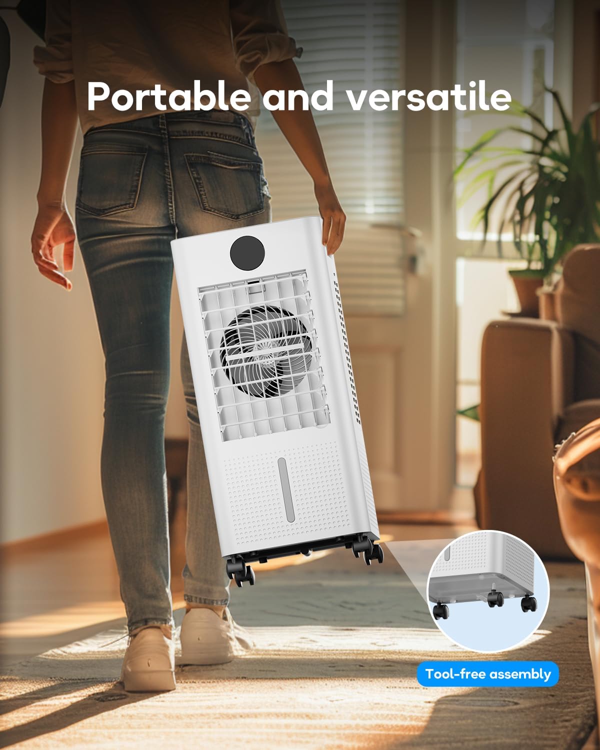 Ar condicionado portátil, refrigerador de ar evaporativo sem janelas com controlo remoto, 3 velocidades, temporizador de 12 horas, refrigerador oscilante para câmara, sala de estar, cor - Imagem 7