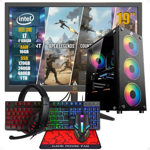 PC Gamer Completo Intel Core i7 3ª Geração, Opções 8GB/16GB RAM, SSD 120GB/240GB/480GB/ 1TB, Windows 11, Monitor LED 19,Teclado e Mouse Gamer, HeadSet (GB, 16, GB, 240)