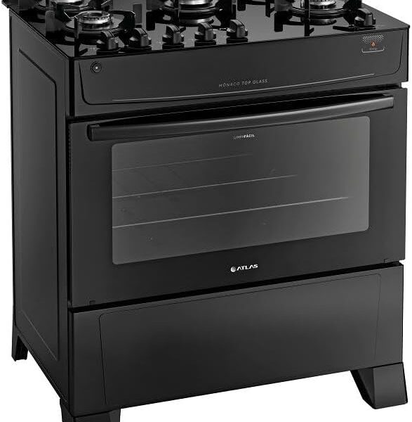 Fogão Atlas 5 Bocas preto Mônaco Top Glass com Acendimento automático - Bivolt