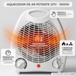 Aquecedor de Ar Eletrico Portatil de Ambiente Estufa 220V 2000W com Termostato Ajustável e 3 Modos de Operação Ventilador Baixo e Alto para Inverno - Imagem 3