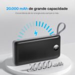 Carregador Portátil Turbo Power Bank 20000mah com 3 Cabos, Saída Universal, USB e Display Digital (Preto) - Imagem 7