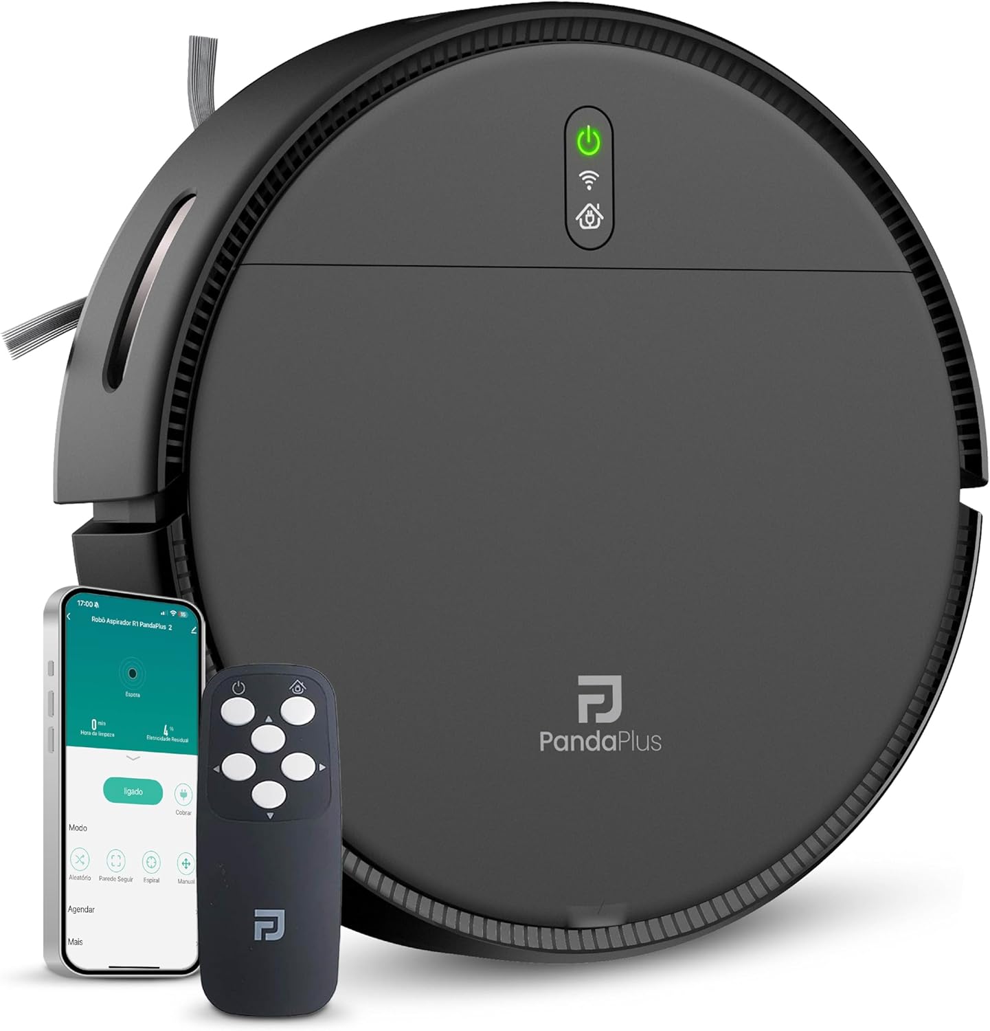 Robô Aspirador de Pó Inteligente 3 em 1 Varre, Aspira Robô Aspirador de Pó Inteligente 3 em 1 Varre, Aspira e Passa Pano Panda Plus AMG-R1 Wi-Fi, Alexa, Controle Remoto, Vários Modos Bivolt (Preto)