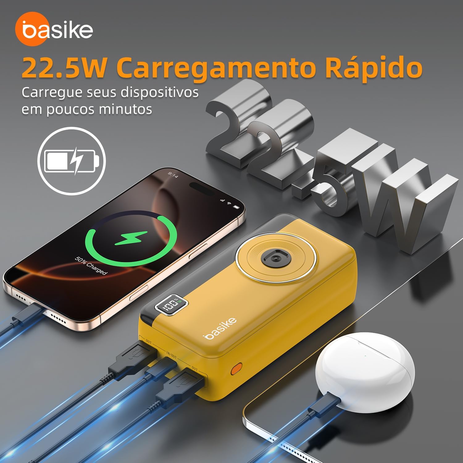 Power Bank 30000mAh, Basike Carregador Portátil 2 Saídas USB-A(até 22.5W) + Tipo-C(até 22.5W) com Cabo, Carregamento Rápido, Led Indicador de Bateria Proteção Inteligente (Amarelo) - Imagem 3