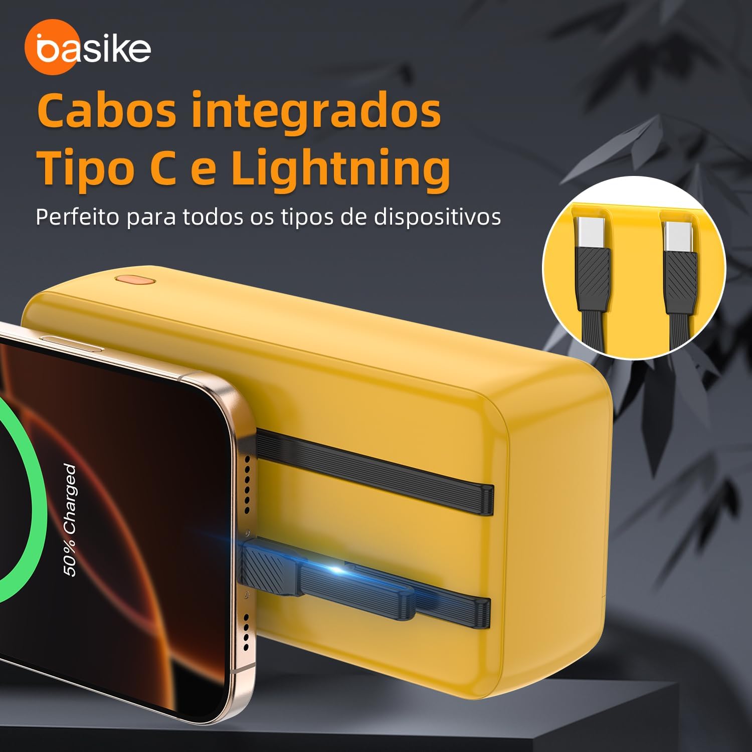 Power Bank 30000mAh, Basike Carregador Portátil 2 Saídas USB-A(até 22.5W) + Tipo-C(até 22.5W) com Cabo, Carregamento Rápido, Led Indicador de Bateria Proteção Inteligente (Amarelo) - Imagem 4
