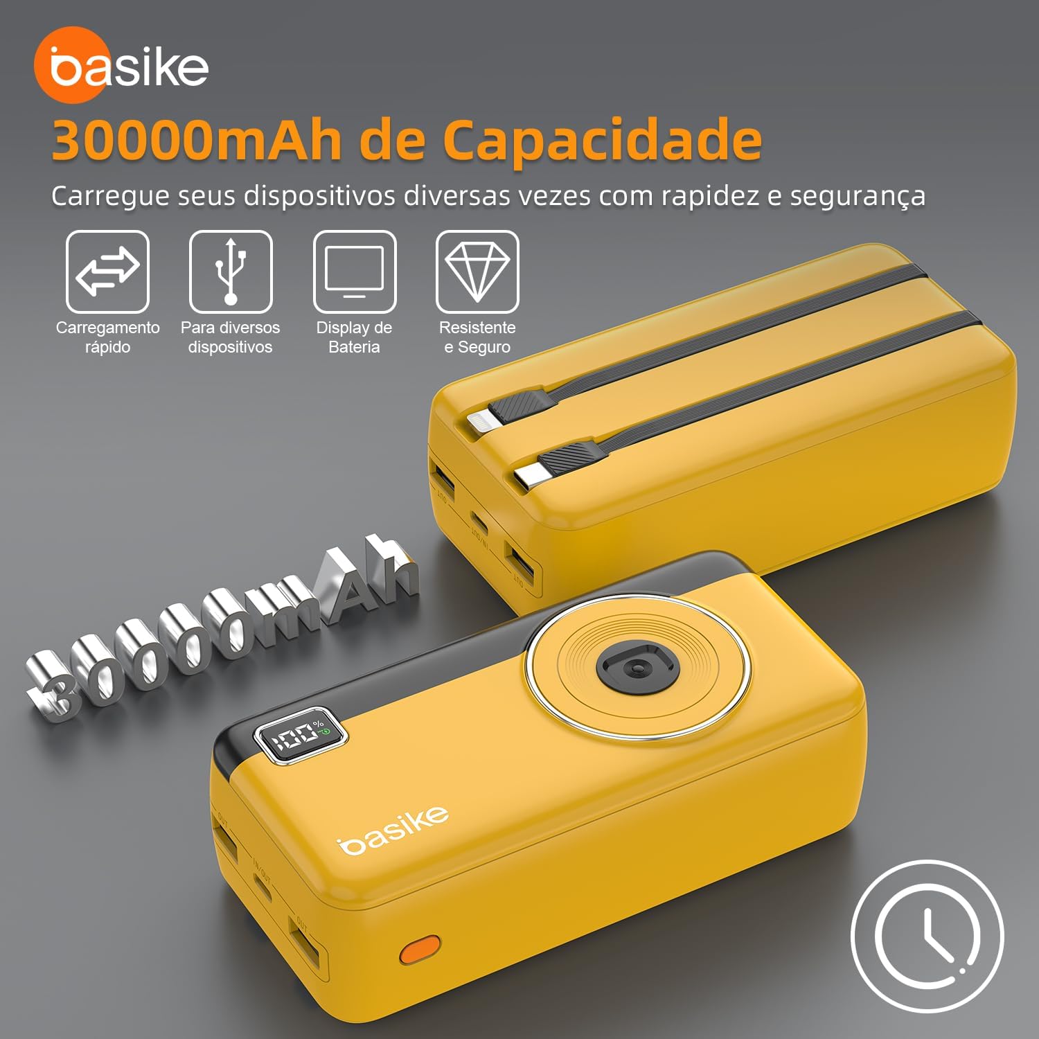 Power Bank 30000mAh, Basike Carregador Portátil 2 Saídas USB-A(até 22.5W) + Tipo-C(até 22.5W) com Cabo, Carregamento Rápido, Led Indicador de Bateria Proteção Inteligente (Amarelo) - Imagem 5