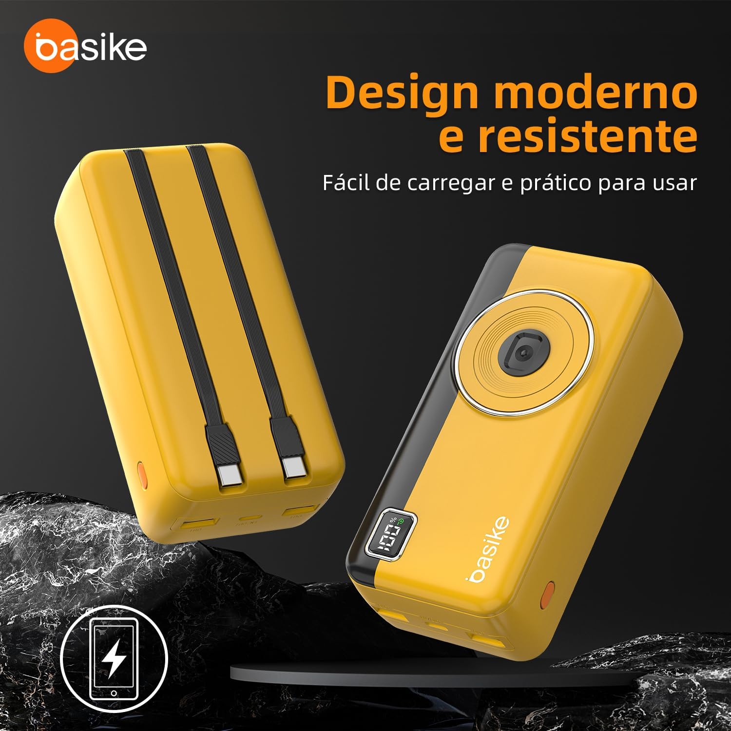 Power Bank 30000mAh, Basike Carregador Portátil 2 Saídas USB-A(até 22.5W) + Tipo-C(até 22.5W) com Cabo, Carregamento Rápido, Led Indicador de Bateria Proteção Inteligente (Amarelo) - Imagem 6