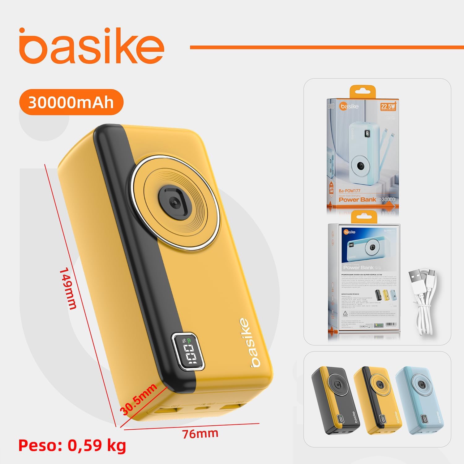 Power Bank 30000mAh, Basike Carregador Portátil 2 Saídas USB-A(até 22.5W) + Tipo-C(até 22.5W) com Cabo, Carregamento Rápido, Led Indicador de Bateria Proteção Inteligente (Amarelo) - Imagem 7