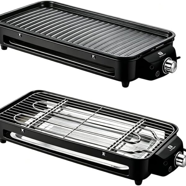 Versátil Churrasqueira Elétrica Portátil LONYAN 220V Ferro Inox 1500W Alta Potência Desmontável Fácil Limpeza Pouca Fumaça Controle de Temperatura Ótimo Para Casa e Acampamento (Preto, 220V)