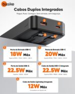 Basike Power Bank 20000mAh, Carregador Portátil com Carregamento Rápido, USB-C (máx. 20W, PD) + USB-A (máx. 22,5W QC), Inclui 2 Cabos Embutidos (USB-C e Lightning), Proteção Múltipla – Preto - Imagem 3