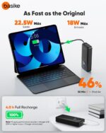 Basike Power Bank 20000mAh, Carregador Portátil com Carregamento Rápido, USB-C (máx. 20W, PD) + USB-A (máx. 22,5W QC), Inclui 2 Cabos Embutidos (USB-C e Lightning), Proteção Múltipla – Preto - Imagem 4