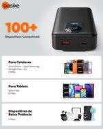 Basike Power Bank 20000mAh, Carregador Portátil com Carregamento Rápido, USB-C (máx. 20W, PD) + USB-A (máx. 22,5W QC), Inclui 2 Cabos Embutidos (USB-C e Lightning), Proteção Múltipla – Preto - Imagem 6