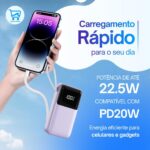 Power Bank 20000mAh Carregador Portátil Rápido 22.5W com 4 Cabos Integrados (USB-C, Micro-USB, V8, Light) Bateria Externa com Display LED, 4 Saídas Simultâneas (Preto) - Imagem 3