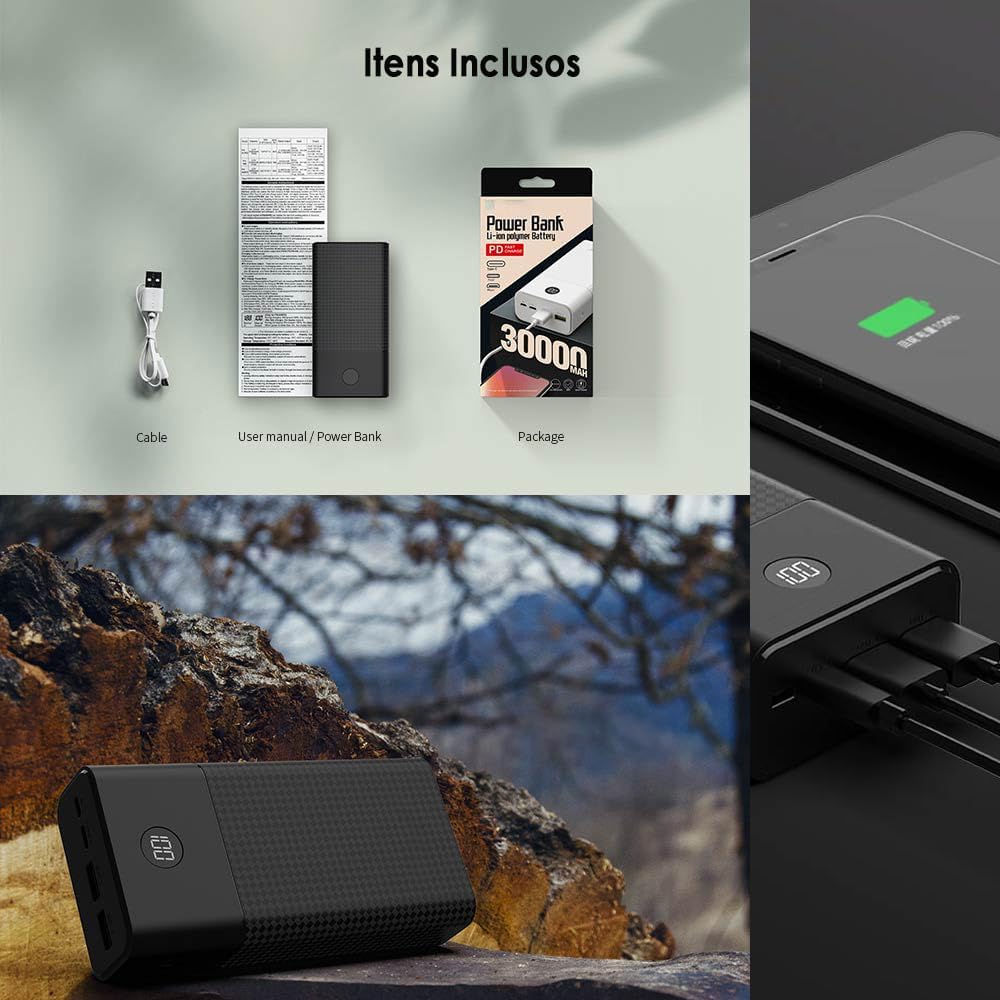 Power Bank 30000mAh Carregador Portátil Saída USB-A de 22.5W, Tipo-C de 22.5W e Micro USB, Carregamento Rápido e Tela Indicador de Bateria com Proteção Inteligente (Branco) - Imagem 5