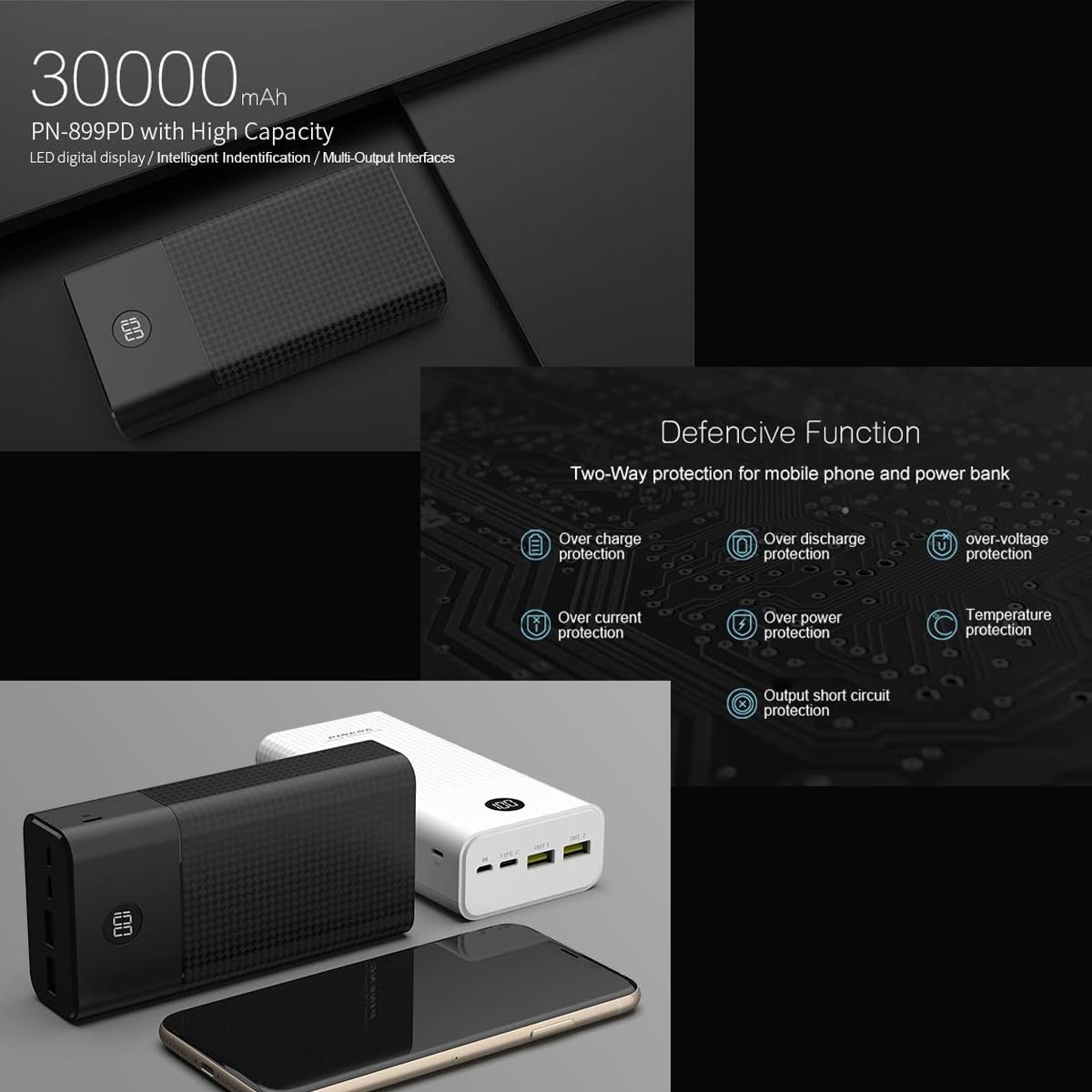 Power Bank 30000mAh Carregador Portátil Saída USB-A de 22.5W, Tipo-C de 22.5W e Micro USB, Carregamento Rápido e Tela Indicador de Bateria com Proteção Inteligente (Branco) - Imagem 6