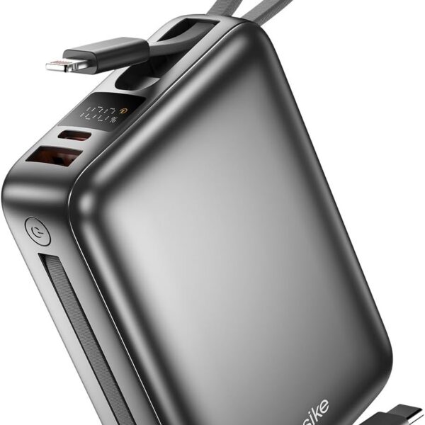 Basike Carregador Portátil, Power Bank 20000mAh com Cabos Integrados, Carregamento Rápido 22.5W(MAX), Compacto, Led Indicador de Bateria para iPhone/Samsung/Huawei/Xiaomi (Cinza)