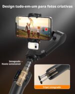 Estabilizador Celular Gimbal 3 Eixos AI Rastreamento Automático,Controle Remoto Destacável,Haste Extensível Integrada,Tripé e Luz Estabilizador Celular para Iphone Vlog Viagem (Preto) - Imagem 5