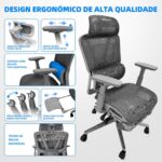 Cadeira Ergonômica Mesh Cinza com apoio 3D, braços 4D e descanso para os pés: conforto e suporte para trabalhar ou jogar. - Imagem 6