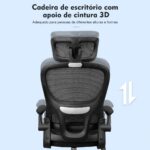 Cadeira de escritório ergonômica preta com suporte lombar, malha respirável e encosto ajustável para máximo conforto. - Imagem 5