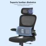 Cadeira de escritório ergonômica preta com suporte lombar, malha respirável e encosto ajustável para máximo conforto. - Imagem 6