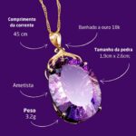 Colar Feminino Luxo Ametista com cristal ametista e zircônias, prata banhada a ouro 18K e bolsa de veludo. - Imagem 3