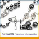Terço Nossa Senhora Aparecida em Hematita 8mm, Aço Inox 316L resistente, com caixa para guardar e proteção durável. - Imagem 3
